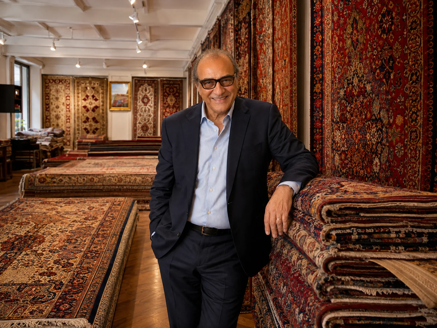 Ritratto nello showroom, tra tappeti esposti e arrotolati