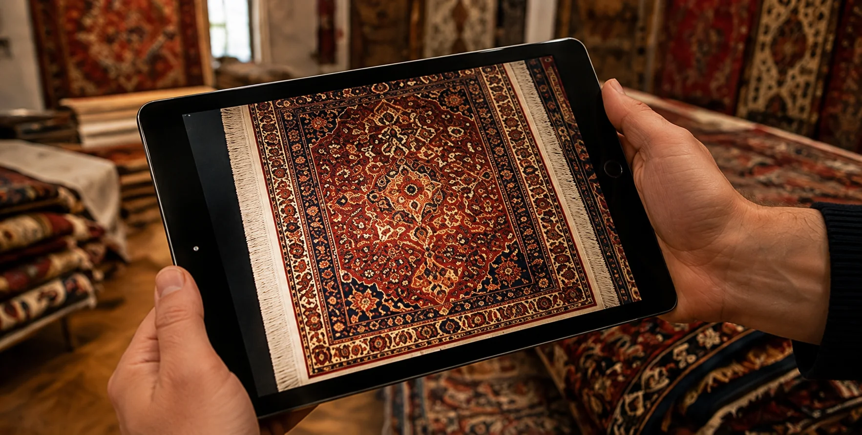 Fotografia di un tappeto consultata su un tablet nello showroom