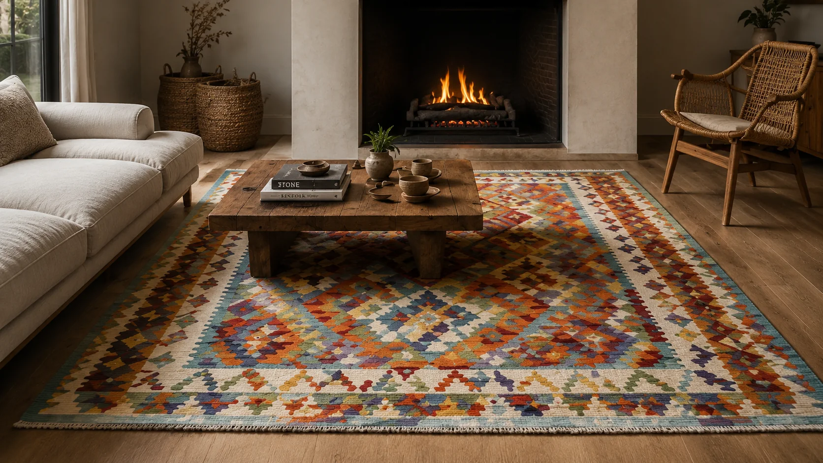 Kilim colorato davanti al camino in un soggiorno