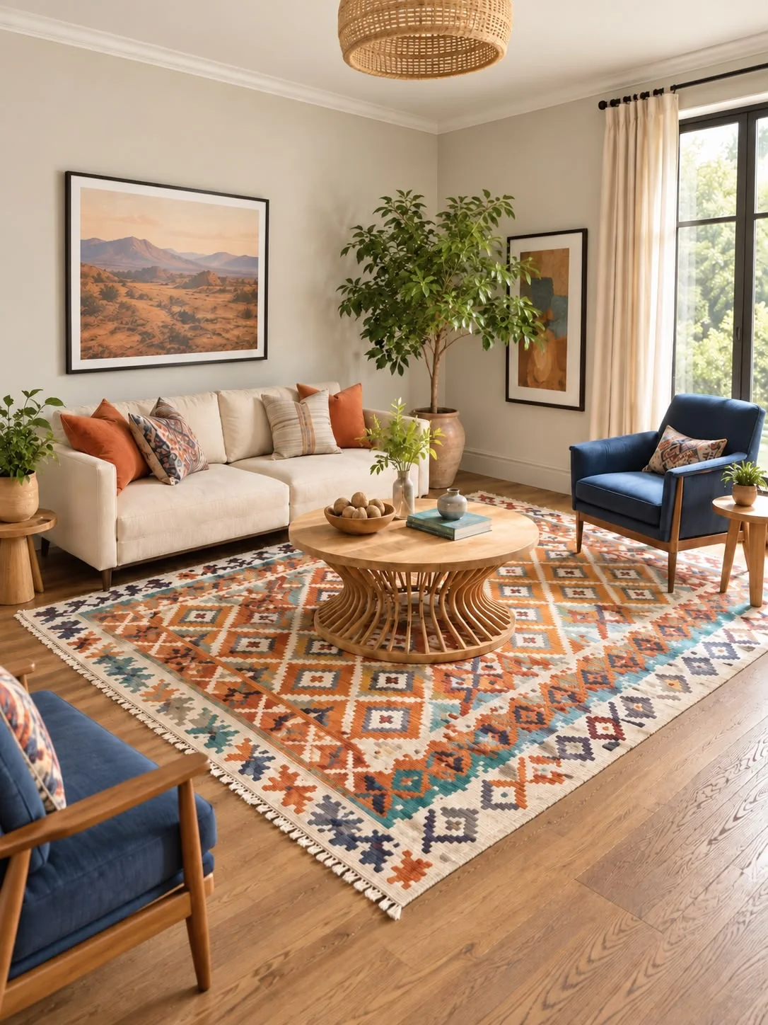 Kilim dai motivi geometrici e colori caldi in un soggiorno