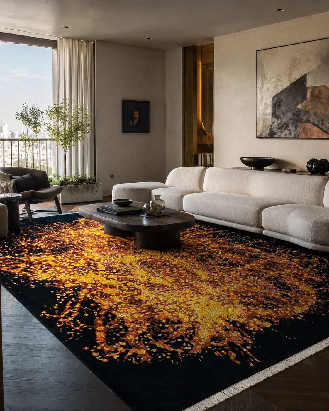 Tappeto contemporaneo nero e oro in un ambiente moderno