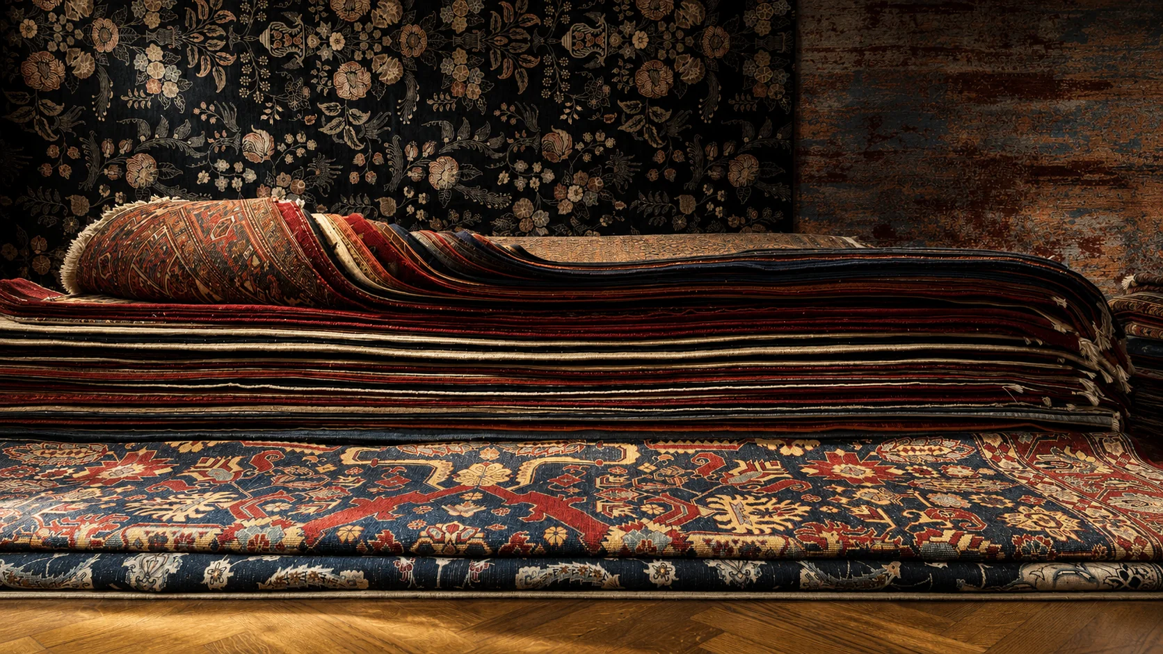 Tappeti arrotolati ed esposti nello showroom Zinouzi